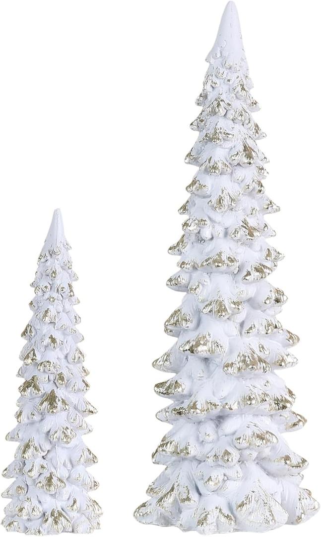 MEETYAMOR Christmas Decorations Indoor, 2 Pcs White Resin Christmas Tree Figurine for Table Decor, Farmhouse Rustic Xmas Decorations for Home, Table, Mantle, Living Room