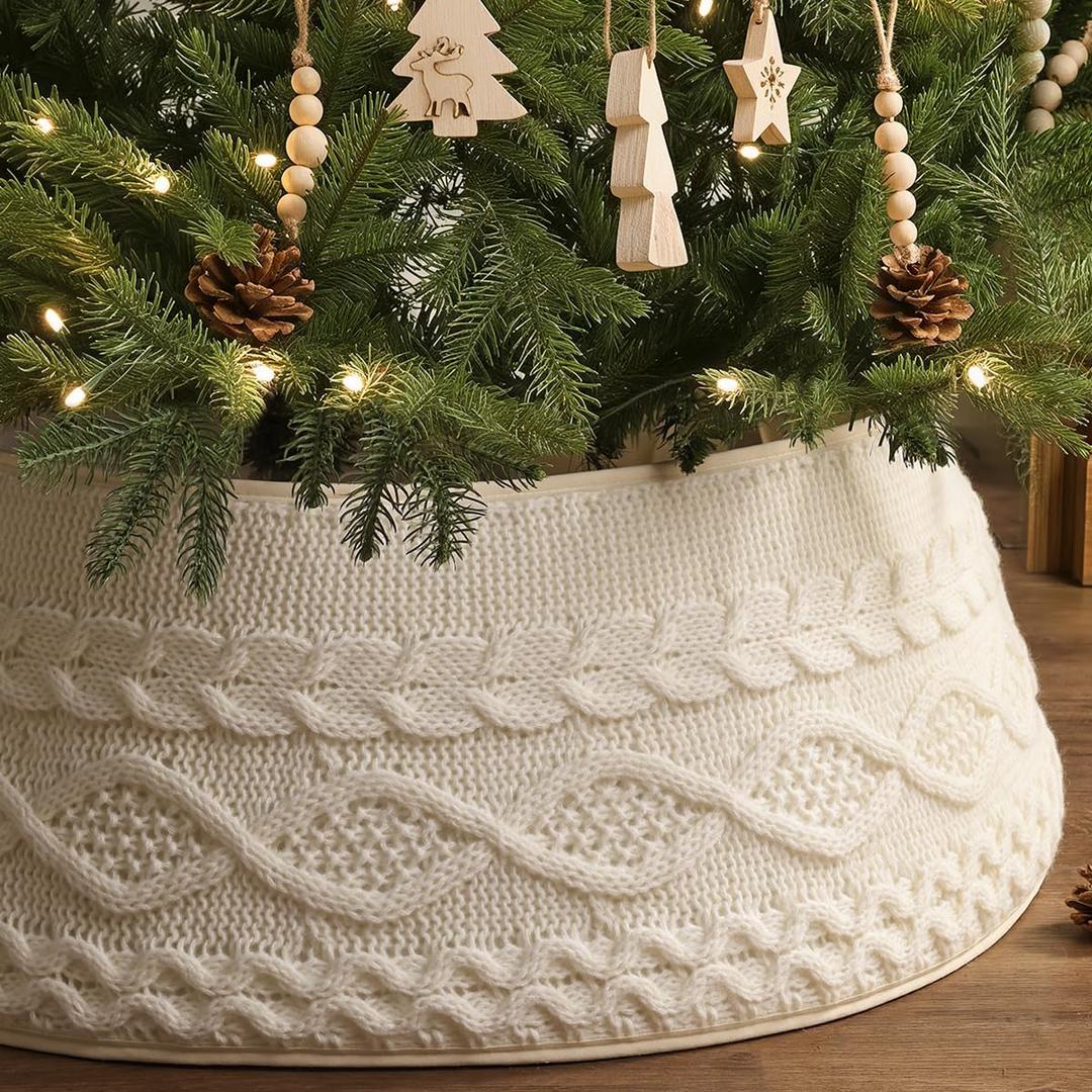 Knitted Christmas Tree Collar: Rustic Cream White Cable Knit Christmas Tree Collar for Artificial Trees, Crossed Diamond Tree Ring Farmhouse Tree skirt for Xmas Holiday Home Decor Party Gifts