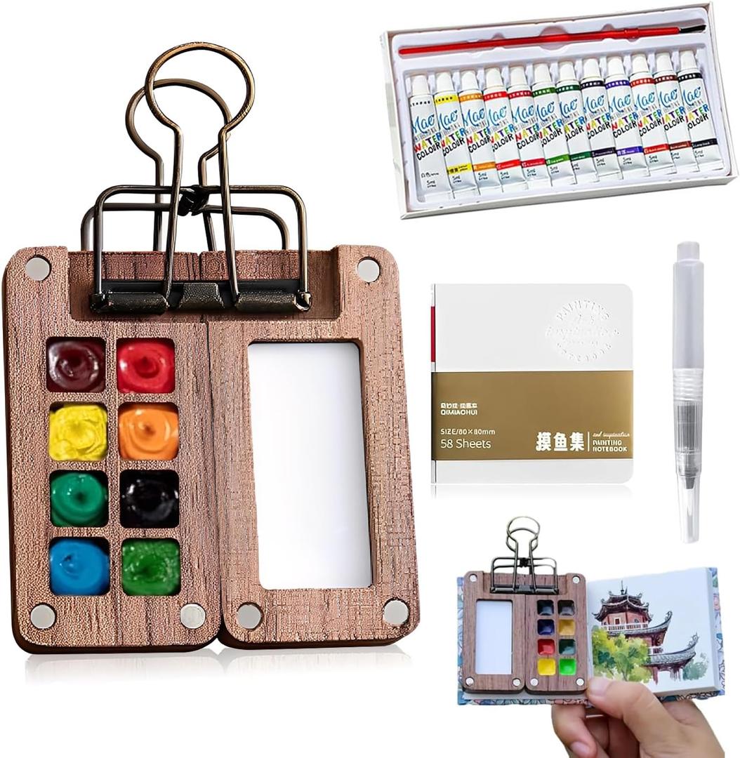 Tobios Watercolor Kit, Tobios Mini Watercolor Paint Set, 12 Color Mini Watercolor Travel Set, Pocket Artist Watercolour Travel Sets, 8 Grids Portable Paint Palette