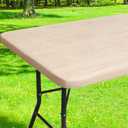 Smiry Rectangle Picnic Table Cover, Waterproof Elastic Fitted Vinyl Tablecloth for 6 Foot Tables, Wipeable Flannel Backed Camping Tablecloths Protector for Indoor, Outdoor (Beige, 30x72 Inches)