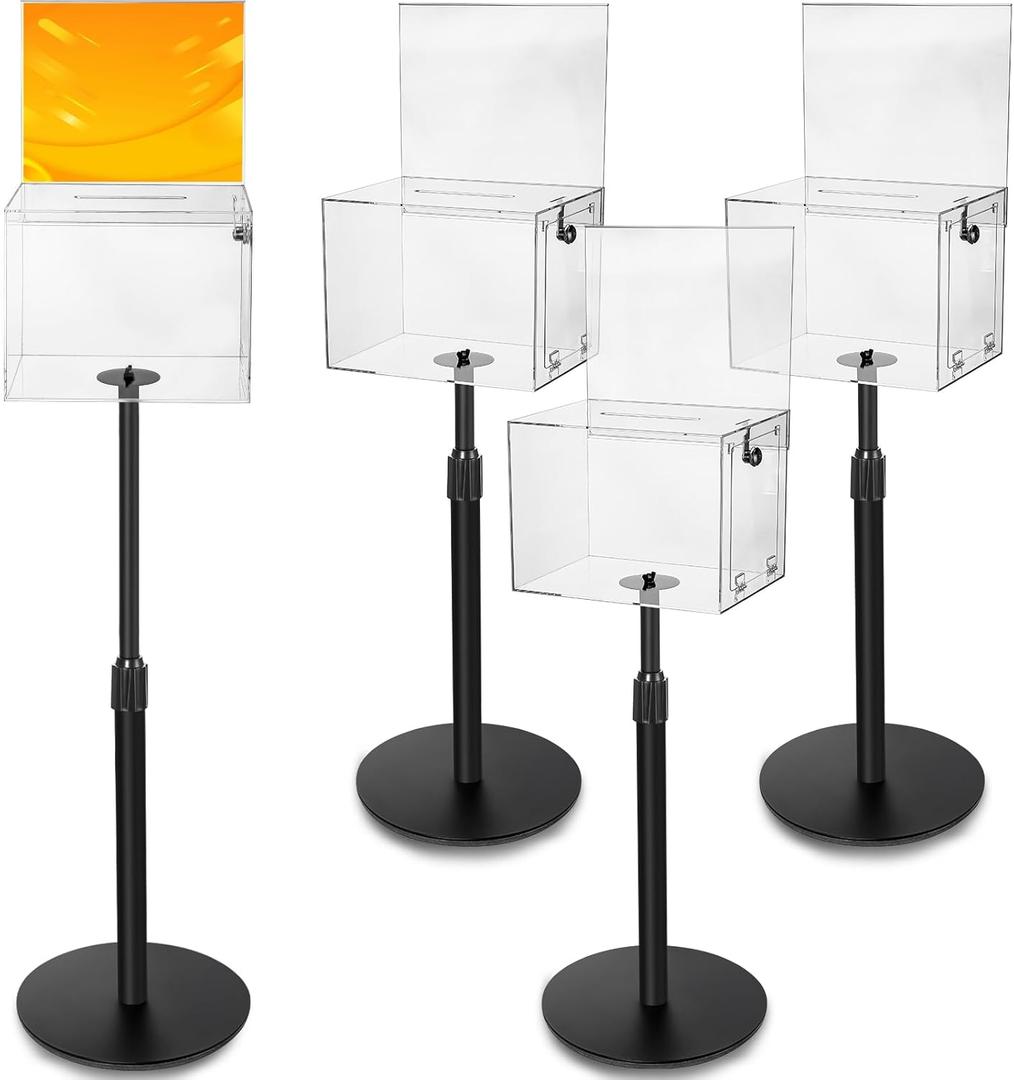 4 Pack Clear Suggestion Donation Box with Lock and Key 11x 8.25x 8.25 Inches Acrylic Offering Raffle Box with Stand Slot for Office Charity Church Collection