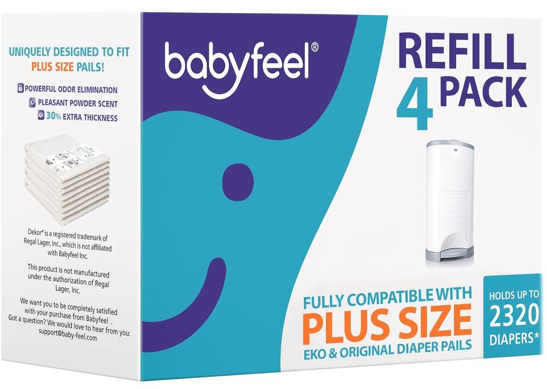 Babyfeel Refills Compatible with DEKOR PLUS Diaper Pails | 4 Pack | Exclusive 30% Extra Thickness | Diaper Pail Refills with Powerful Odor Elimination | Fresh Powder Scent | Holds up to 2320 Diapers