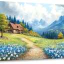 CHATYOUNG Canvas Wall Art Landscape Paintings, Blue Misty Mountains and Wild Flowers Rustic Prints Wall Pictures Large Size 24"X48" for Living Room Bedroom Bathroom Home Decor Gift