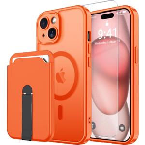 Janmitta Magnetic for iPhone 15 Plus Case Compatible with MagSafe,with Screen Protector+ Removable Magnet Wallet[Built-in Stand],Credit Card Holder,Slim Translucent Matte Phone Cover,Orange