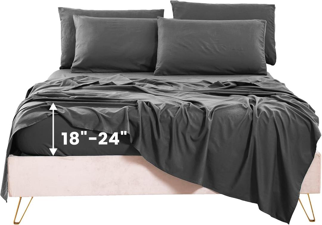Bedlifes Extra Deep Pocket King Sheets 18-24 Inch-Fits Up to 24" Mattress 1800 Thread Count Egyptian Sheets Set-100% Microfiber Cooling Breathable Soft Luxury 4 Pieces-(Dark Grey)