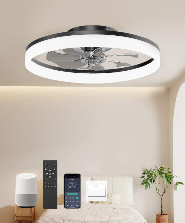 20'' Flush Mount Ceiling Fan with Light, Low Profile Smart Ceiling Fan, 6-Speed & Dimmable LED, Alexa/Google Home Voice Control,Reversible Airflow, App Timer, Memory Function for Bedroom Black