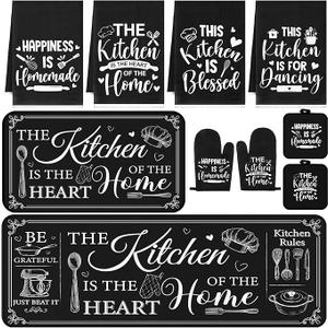 Fourluoo 10 Pcs Farmhouse Kitchen Decor Sets 4 Kitchen Dish Towels 2 Vintage Pot Holders 2 Oven Mitts Glove 2 Rustic Non Slip Rugs and Mats for Floor Home Decorations Accessories Mom Gifts