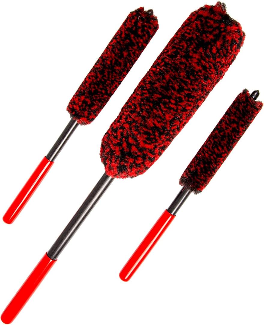 Soft Brsuh Wheel Brushes Set (3 Pack) - 3 Szie Synthetic Soft brsuhie Brush, 1x Car Detail Brush, Wheel Soft brsuhies Cleaning Brush for Car Rim Wheel Washing (Red Handle)