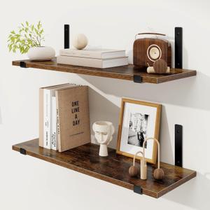 Fun Memories Deep Floating Shelves for Wall, 24" W x 8" D Wall Mounted Shelves Set of 2, Wide Display & Storage Shelves with Sturdy Metal Brackets for Bathroom, Kitchen, and Living Room, Brown