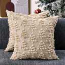 Christmas Pillow Covers 18x18 inch Set of 2 Soft Plush Faux Fur Christmas Decoration Beige Xmas Tree Yellow Colored Lights Decor Pattern Throw Pillow Case for Sofa Holiday Festivals Winter Home Decor
