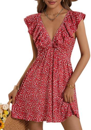 Loemes Women Summer Cute Floral Deep V Neck Mini Dress Casual Ruffle Sleeveless High Waist Swing Beach Sundress with Pockets Size S