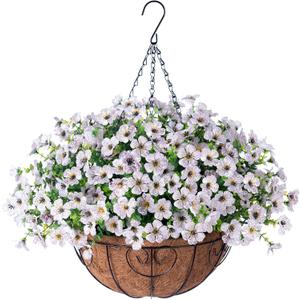 HyeFlora Artificial Fake Hanging White Plants Flowers Basket for Outdoor Fall Winter, Faux Silk Daisy in Planter Realistic UV Resistant for Christmas Outside Porch Home Patio Balcony Yard Decoration