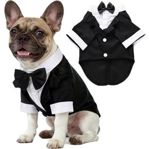 Dog Shirt Puppy Clothes, Pet Wedding Suit Formal Tuxedo with Black Bow Tie, Pet Outfit for Small Medium Dogs Cats, Pet Weding Attire Dress Up Cosplay Prince Costume Gentleman Apparel (Black, Large)