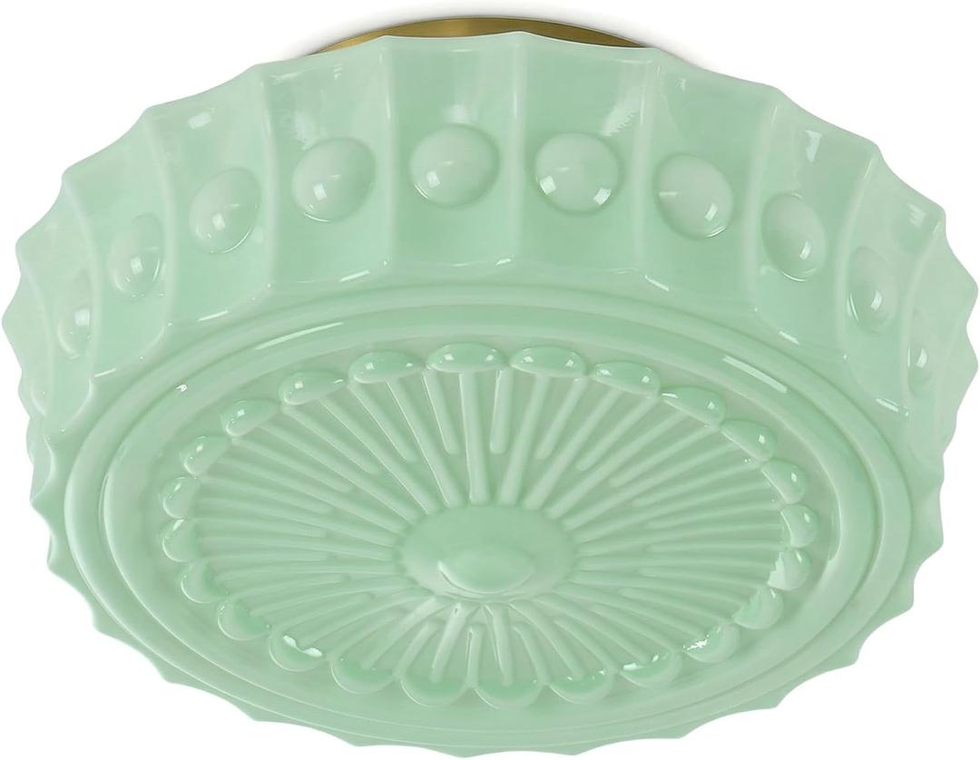 Vintage Milk Glass Flush Mount Ceiling Light, Schoolhouse Ceiling Light Fixture, Mint Green Glass Shade with Brass / Gold Base, Retro Glass Ceiling Lamp for Kitchen Hallway Bedroom Bathroom, E26 Base