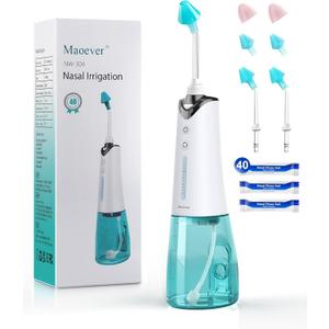 Nasal Irrigation System, Cordless Nasal Rinse Machine for Sinus Relief & Nasal Care, Electric Neti Pot with 6 Tips and 40 Salt Packs Nasal Irrigation Sinus Rinse System Kit for Adult & Kid (300)