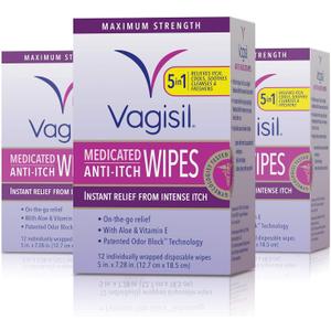 Vagisil Anti-Itch Medicated Feminine Intimate Wipes for Women, Maximum Strength, Gynecologist Tested, 12 Wipes (Pack of 3)