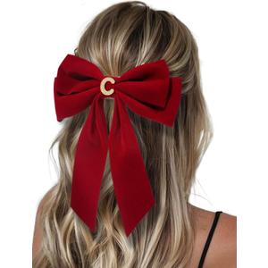 2Pcs Velvet Hair Bows Set  Red Elegant Bow Clip & Long Ribbon Hair Clip, Personalized Hair Accessories for Women, Girls & Kids, Gift for Weddings, Birthdays, Christmas-C