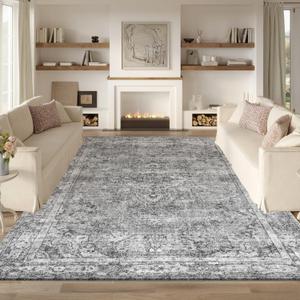 Area Rug 8x10 Gray Large Living Room, Machine Washable Rug, Stain Resistant Soft Thin Carpet, Boho Vintage Home Decor, Indoor Non-Slip Rugs, for Bedroom, Office, Farmhouse, Dining, Dorm (Grey)