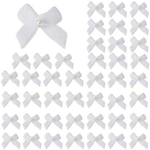 Meseey 60pcs Mini Velevt Ribbon Bows 1 Inch with Pearl Ribbon Flowers Appliques DIY Craft for Sewing, Scrapbooking, Wedding, Gift,Christmas Decoration(White), Pack of 2