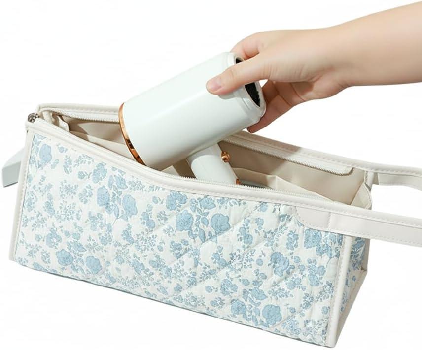Quilted Travel Case for Dyson Travel Bag, Cotton Floral Carrying Bag for Hair Dryer and Attachments, Portable Organizer with Handle