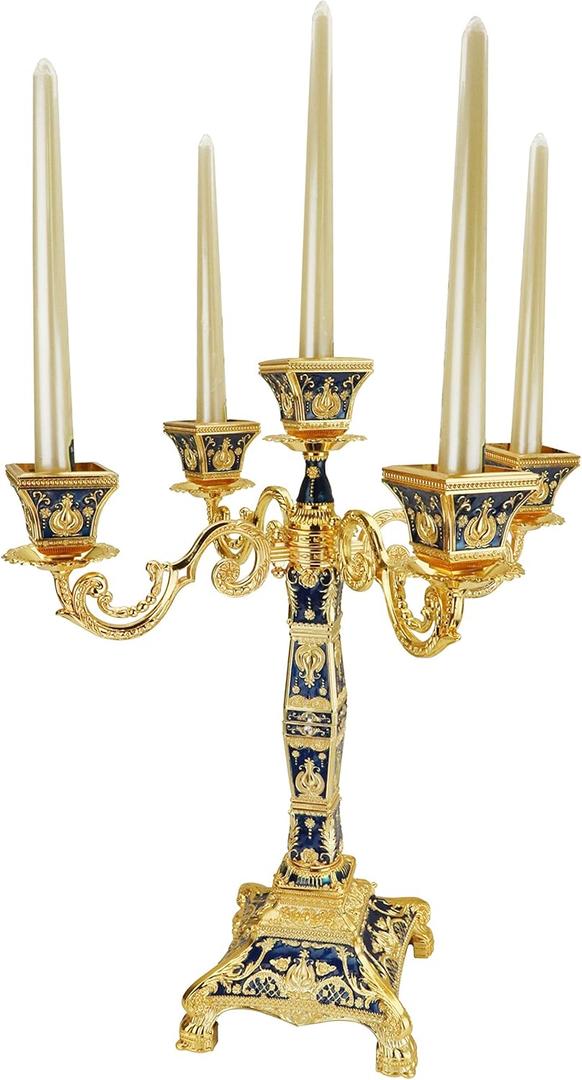 RosyLine Metal Candelabra 17" Height, Candle Holder with 5 Arms,Antique Bronze Furnish Candle Holder, Centerpiece for Home Decro,Wedding Event, Party,1 Pack (Golden Blue)