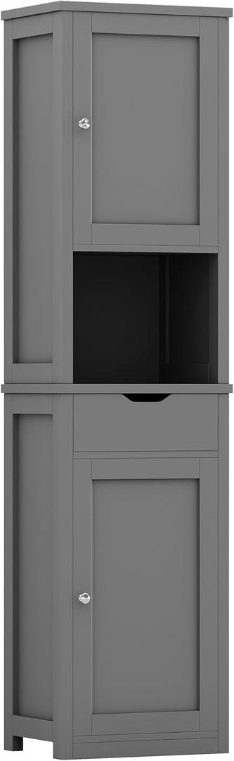 Shintenchi Tall Bathroom Storage Cabinet, Slim Corner Floor Cabinet with Doors and Drawer, Freestanding Narrow Bathroom Organizer with Adjustable Shelves for Small Space, Gray (Grey)