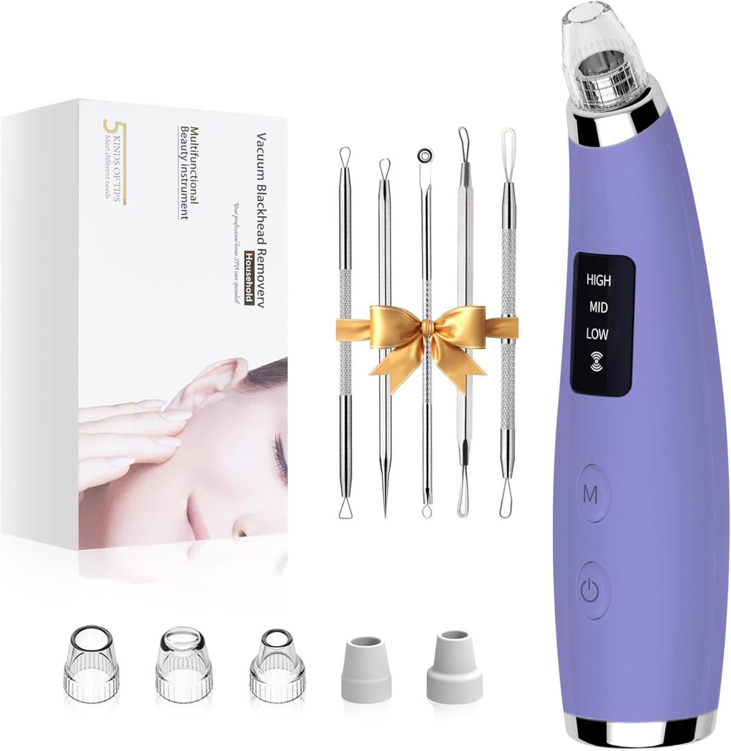 Facial Pore Blackhead Remover Vacuum - Fore Cleaner and Blackhead Extractor with 3 Adjustable Suction Levels - 5 Probes - Pore Vacuum Kit for Women & Men (Matte Purple)