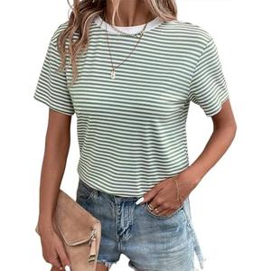 Dsewpaur Women Casual Striped Print Short Sleeve T Shirts Crew Neck Loose Fit Going Out Tee Tops Summer 2025 Cloth S