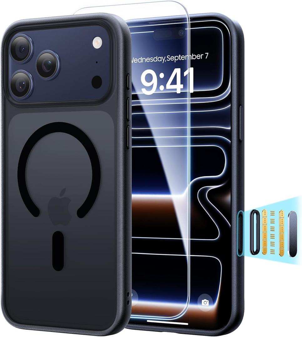 3 in 1 Magnetic Shockproof for iPhone 17 Pro Max Case, [Fit for MagSafe] [TOP Military Protection] 1X Screen Protector+1X Wrist Strap, Camera Control Cover for iPhone 17 ProMax Translucent Black