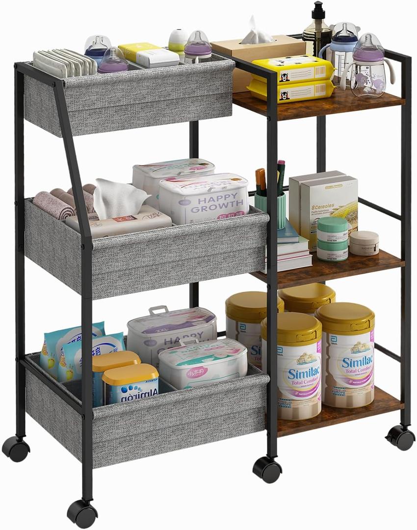 Baby Diaper Caddy Organizer Cart, 3-Tier Rolling Wheels Cart with Dividers and Shelves, Bedside Utility Cart for Nursery Essentials, Large Capacity Mobile Storage Cart for Crib, Bedroom (Grey)