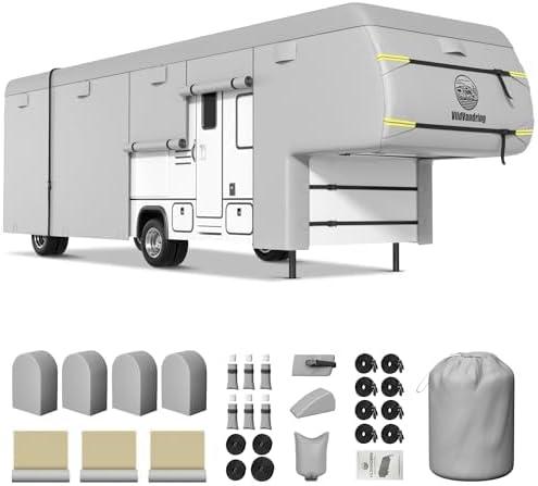 5th Wheel Travel Trailer RV Cover 29-33ft, Multi-Layer Breathable Rip-Stop Camper Cover with Water-Resistant Coating, Repair Kit, Gutter Protection, Tire Straps (Class C Motorhome)