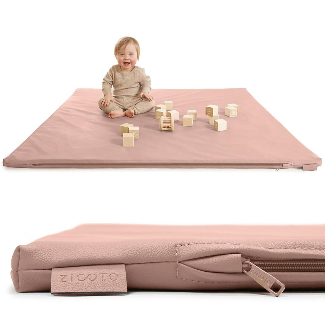 Stylish Vegan Leather Baby Play Mat - Soft, Easy to Clean Floor Mat Creates A Safe Play Area for Your Baby - The Perfect Modern Foam Playmat Fits Nicely with Your Kids Playroom Or Home Decor (Pink)