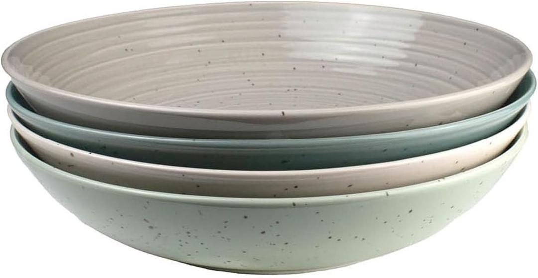 Sango Siterra Artist's Blend Stoneware Pasta Bowls (Set of 4) Multi Assorted Colors Featuring Soft Gray, Blue, Green, and Ivory, for Everyday Dining & Entertainment, Microwave & Dishwasher Safe