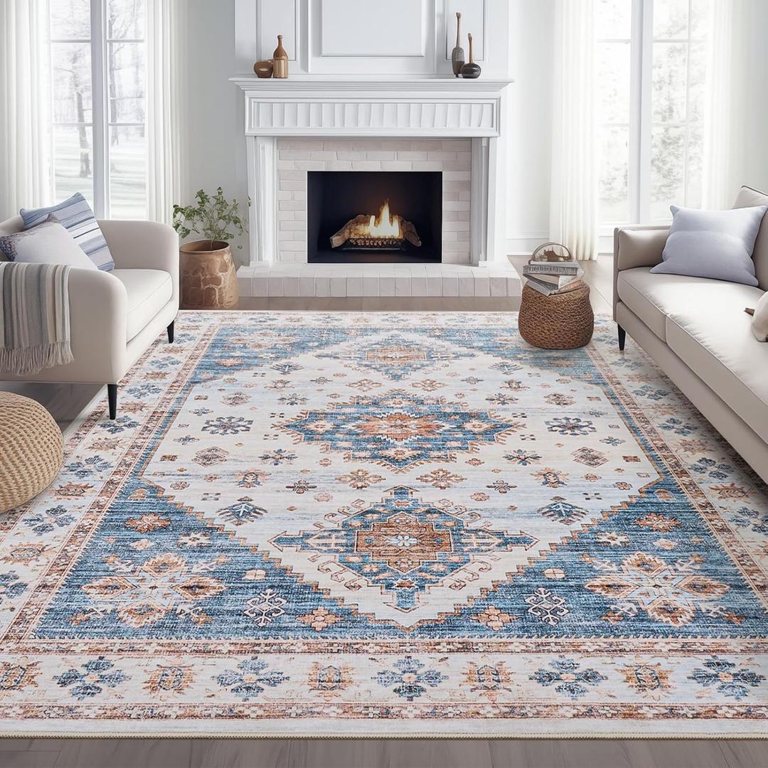 8x10 Area Rugs - Washable, Non-Slip Backing, Super Soft Thin Large Rug for Living Room, Nursery, Dining Room, Office - Vintage Neutral ( Blue/Beige , 8'x10') 