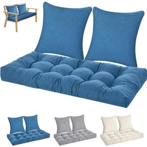 Wenqik 3 Pcs Outdoor Bench Cushion Set 36x14 in Waterproof Tufted Patio Cushion Love Seat Pad with 2 Throw Pillows Memory Foam Settee Pad for Indoor Sofa Wicker Couch Window Seat(36x14 in, Blue)