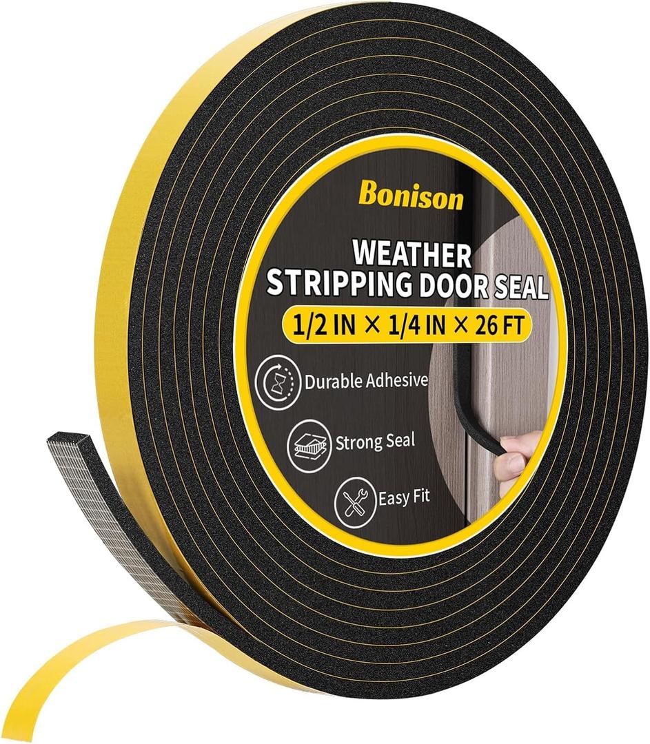 26Ft Weather Stripping Door Seal - 1/2" x 1/4" Door Seal Strip for Door Frame, High Density Foam Insulation Tape, Self Adhesive Soundproof Gap Filler for Doors, Windows, Sliding Door and AC Units