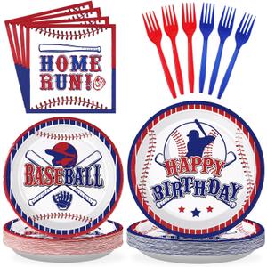 Grencian 96 PCS Baseball Birthday Party Supplies 350 GSM Baseball Plates and Napkins Tableware Set Baseball Party Decor for Kids Boys Sports Baseball Themed Birthday Party Decor Serves 24