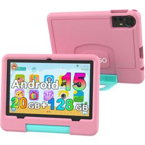 Android 15 Kids Tablet with EVA Case, 10 inch Tablet for Kids, 20GB RAM+128GB ROM/MAX 2TB, 1280 * 800 IPS HD Eye-Care Touch Screen, 2.0GHz Quad-core Toddler Tablets, 5G WiFi6, Widevine L1 Pink