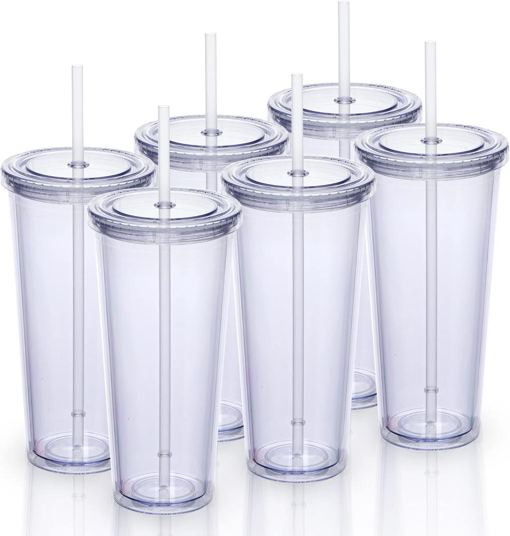 24oz Double Wall Plastic Tumblers with Lids and Straws | Large Classic Travel Tumbler | 6 Pack Set of 6 | Clear Reusable Cups with Straws | BPA Free