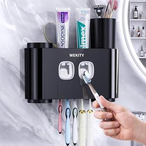 Toothbrush Holder, Multi-Functional Wall Mounted Toothbrush Holder, Toothpaste Dispenser for Bathroom with 2 Toothpaste Squeezers,5 Toothbrush Slots and 4 Cups(Black)