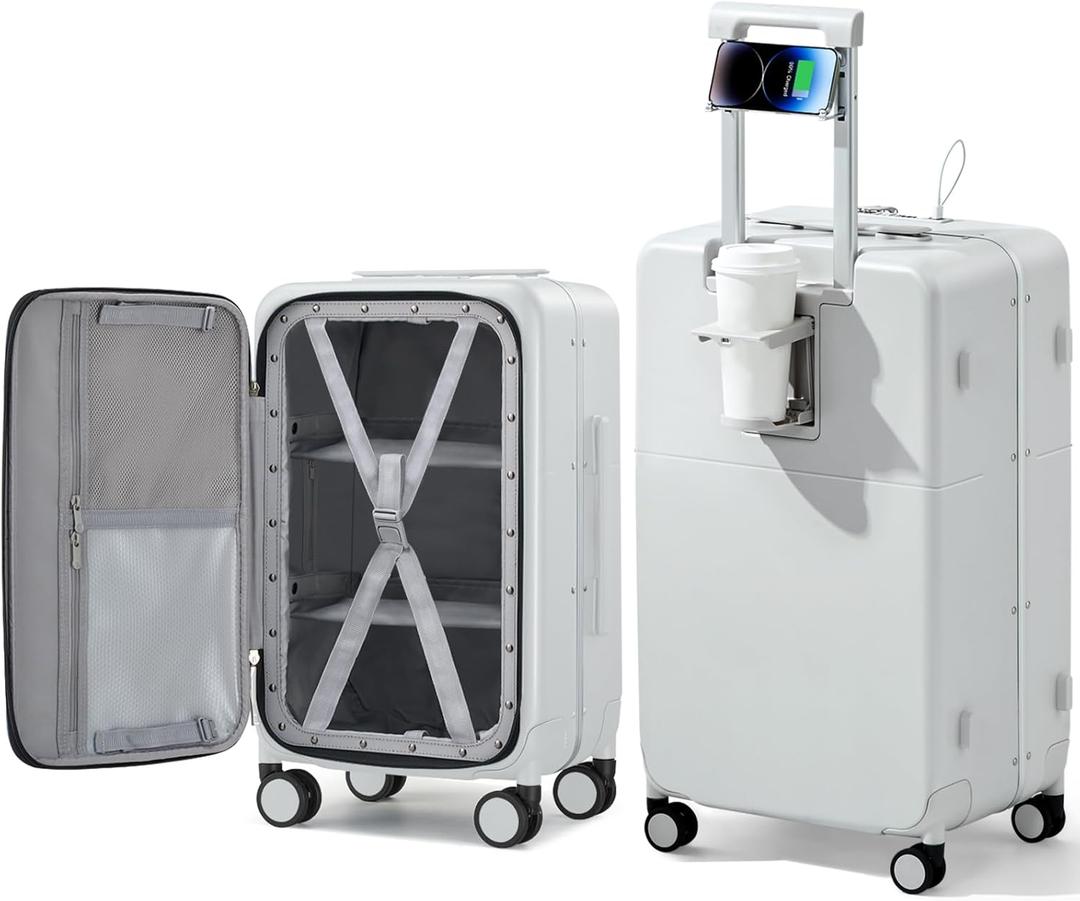 Hanke 28 Inch Luggage with Cup Holder and Charge, Top Opening Hard Shell Suitcases with Wheels and Dividers, Aluminum Frame Trunk Luggage Extra Large Suitcase with Lock for Travel, Smoke White