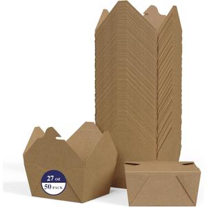 LITOPAK 50 Pack 27 oz Take Out Food Containers, Kraft Brown Take Out Boxes Leak Grease Resistant and Stackable for Restaurants, Homes, Offices, Picnics