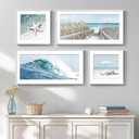 Framed Coastal Wall Art for Living Room, 4 Piece Beach Surf Ocean Artwork for Walls, Large Starfish Reed Seascape Pictures Prints, Beach Coastal Summer Wall Decor for Bedroom Bathroom, Overall 36"x24"