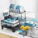 GSlife Large Dish Drying Rack 2 Tier, Expandable Kitchen Dish Drainer for Pots and Pans, 360 Swivel Spout, Rust-Resistant Metal Dish Rack with Utensil & Cup Holder, 16.9" W x 14.4"-22.4" L, Black