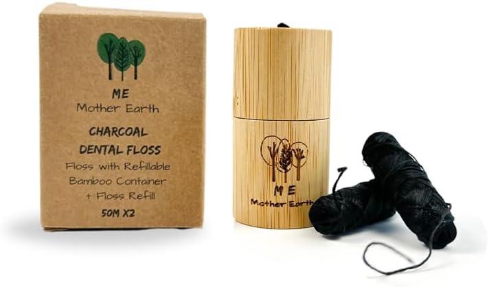Vegan Biodegradable Bamboo Charcoal Dental Floss with Refillable Bamboo Container | Free Refill | Natural Candelilla Wax | 55yds x2 | Peppermint Essential Oil | Eco Friendly | Zero Waste Oral Care