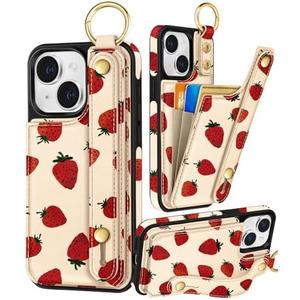Petitian for iPhone 15 Case with Wallet - Women Girls Cute Girly Aesthetic Unique Design with Leather Credit Card Holder Cardholder Stand Wristband for Apple 15, Strawberry