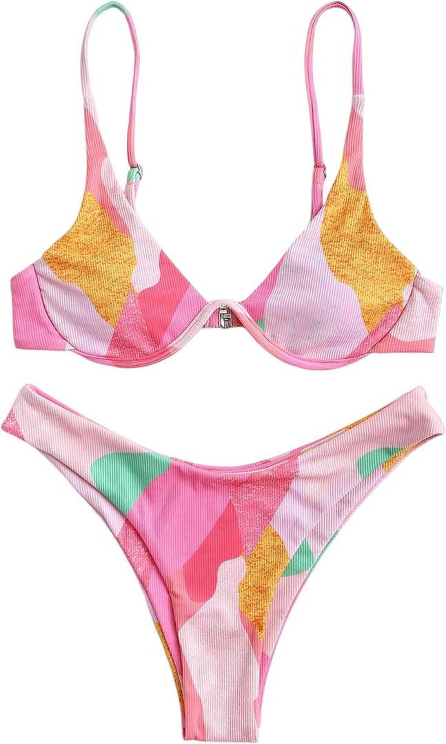 ZAFUL Womens High Cut Thong Bikini Set Swimsuits Cami String Sexy Bathing Suit (Small, 397-a-pink)