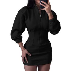 DINGANG Womens Sweatshirt Dress Long Sleeve Half Zip Pullover Bodycon Tunic Mini Dress (X-Large, Black)