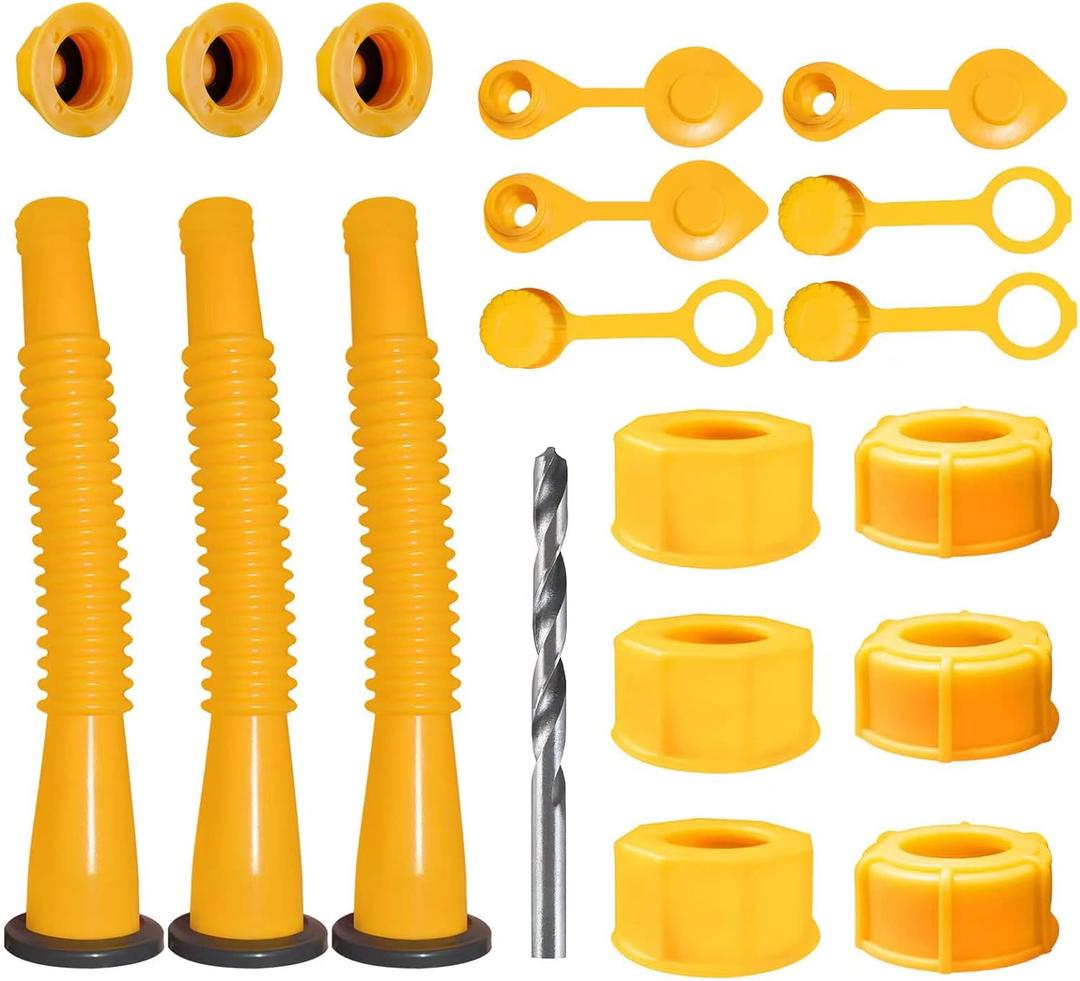 Gas Can Spout Replacement, Gas Can Nozzle Replacement (3 Kits-Yellow). for 1/2/5/10 gallon gas cans. Upgraded replacement gas can spout with flexible nozzle, vent cap, thick rubber pad, spout cover