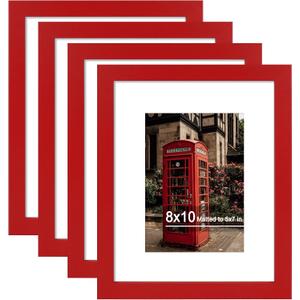 8x10 Picture Frame Set of 4 with Real Glass, Wall & Tabletop Display | Fits 5x7 with Mat or 8x10 without Mat, Crystal-Clear Viewing for Family Photos and Gallery Walls, Red